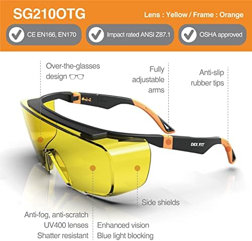 DEX FIT Safety Glasses SG210 Series - Anti-Fog & Scratch Resistant Z87.1 Certified, Adjustable Temples