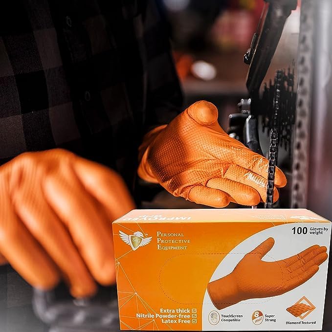 S&G Orange Nitrile Gloves Disposable Latex-Free 8Mil Thick Heavy Duty Powder-Free for Industrial, 1000 Pcs- Medium, Large, XL