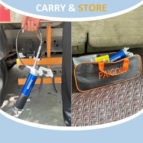 Grease Gun Kit 8000 PSI Heavy Duty 14 OZ Pistol Grip Grease Guns with 19" & 28" Spring Flex Hose,Quick Release Coupler,90 Degree Adapter,2 Needle Tips,2 Nozzles,2 Extension Tubes