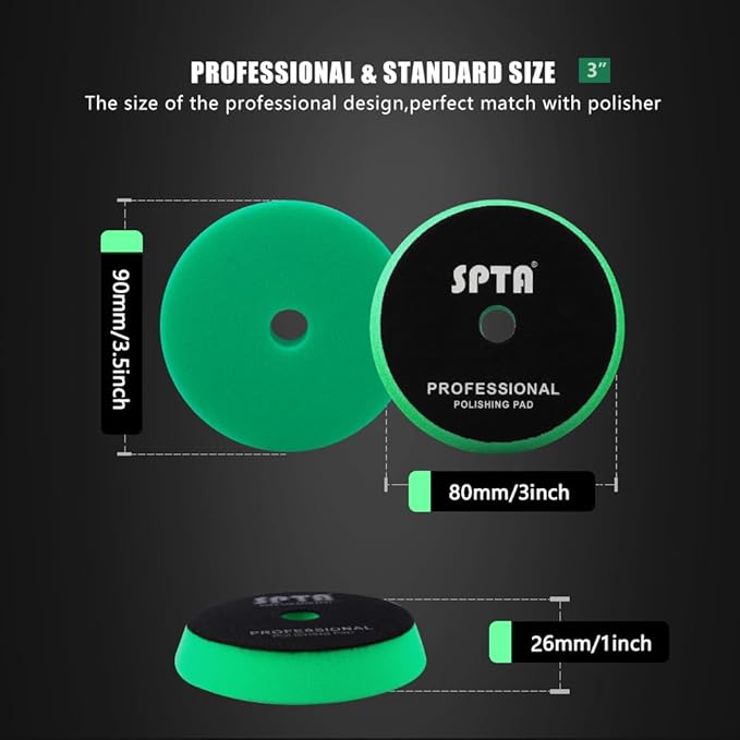 SPTA Green T120 Heavy-Cut Polishing Foam Pad, 1Pc 3.5 Inch Face for 3 Inch 80mm Backing Plate Compound Buffing Sponge Pads for Car Buffer Polisher Compounding, Polishing and Waxing -FPBFS3G