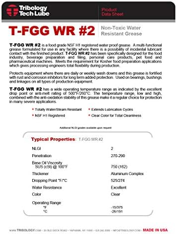 TTL T-FGG WR-2 Food Grade Grease Cartridge, 14.5 oz – NSF H1 Water & Steam Resistant Lubricant for Bearings, Bushings, Linkages – Clear, High Temp, Rust Inhibiting Grease for Food Equipment
