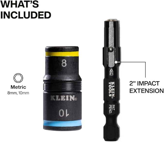 Klein Tools 32931M 2-in-1 Metric Impact Socket Set, 1 Flip Socket with 2 Metric Hex Sizes, 8mm and 10mm, Impact Rated 2-Inch Shaft