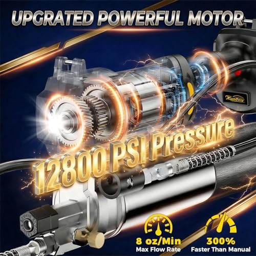 Upgraded 12800PSI Cordless Grease Gun Compatible with DeWalt 20V Battery, High-Pressure, One-Hand Operation, 39.4" Hose & 3 Couplers, Electric Grease Gun with LED Light Fits Bulk & Cartridge Grease