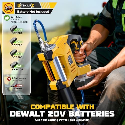 DIYtoolifz Cordless Grease Gun Compatible with DeWalt 20V Battery, 12000PSI High Pressure, 3-Speed&Brushless Motor, 9oz/min Max Flow, 2-in-1 for Cartridge/Bulk Grease, 39.4”Hose&4 Couplers(Tool Only)