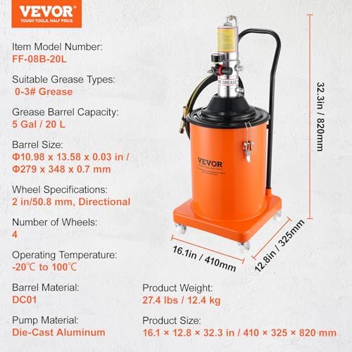 VEVOR Grease Pump, 5 Gallon Air Grease Pump with 13 ft High Pressure Hose and Grease Gun, 20L Pneumatic Grease Pump with Wheels, Portable Lubrication Grease Pump