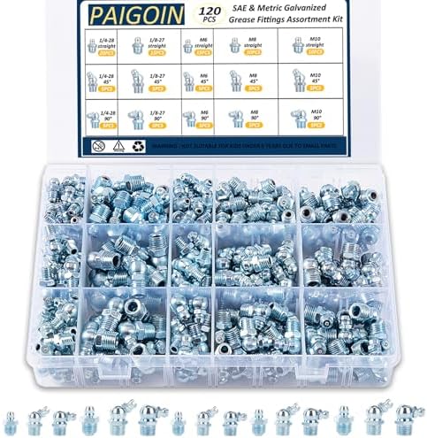 SAE & Metric Grease Fittings Assortment, 120PCS Grease Zerk Fittings NPT 1/4" 1/8" M6 M8 M10 Straight 45 90 Degree Grease Nipples Kit
