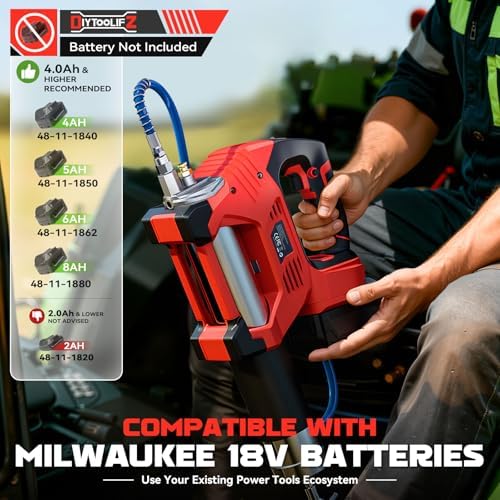 DIYtoolifz Cordless Grease Gun Compatible with Milwaukee 18V Battery, 12000PSI High Pressure, 3-Speed&Brushless Motor, 9oz/min Flow, 2-in-1 for Cartridge/Bulk Grease, 39.4”Hose&4 Couplers(Tool Only)