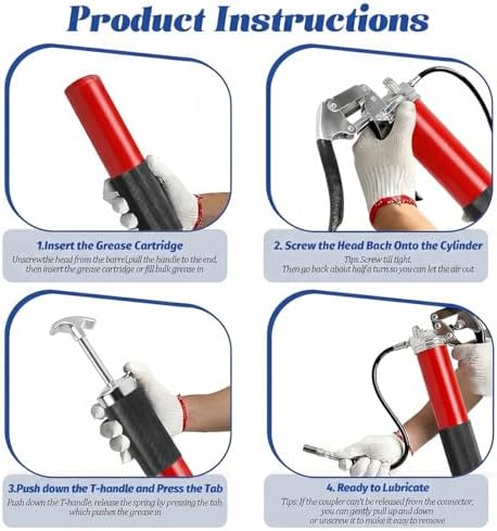Car Grease Gun, 6000PSI Heavy-Duty Vehicle Pistol Grip Grease Gun Tool Kit, Greasing Kit with 12" Flex Reinforced Hose & Basic Couplers Extension Rigid Pipe, Universal Fit (Blue)