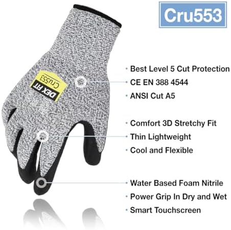 DEX FIT Level 5 Cut Resistant Gloves Cru553, 3D-Comfort Fit, Firm Grip, Thin & Lightweight, Touch-Screen Compatible, Durable, Breathable & Cool, Machine Washable; Grey M (8) 3 Pairs