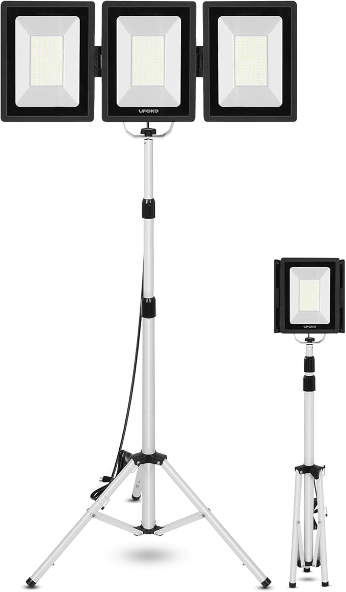 UFOND 21000 Lumens LED Work Light with Stand, 3-Head Foldable White Worklight with Separate Switches, Telescoping Tripod 10Ft Cord, Waterproof Job Site Light, for Garage Construction Camping