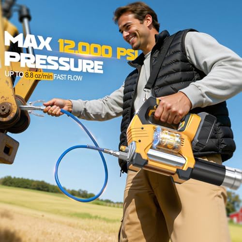 Ecarke Cordless Grease Gun, Compatible with DeWalt 20V Battery (Tool Only), 3‑Speed Adjustable Flow, 12,000 PSI Max, 39” Hose, Works with Bulk & Cartridge Grease, for Farm/Truck/Construction