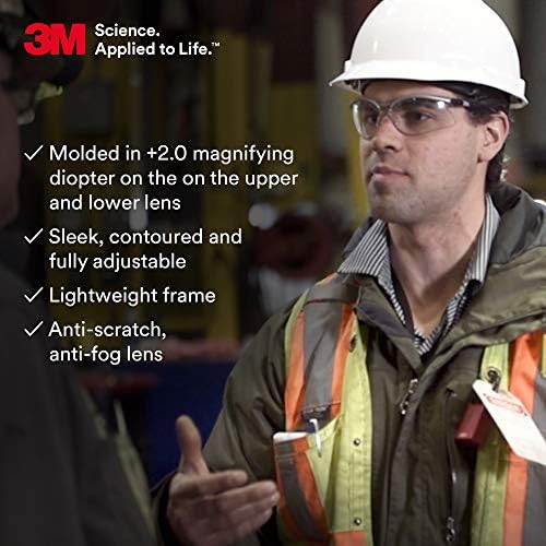 3M Safety Glasses, BX Dual Readers, +2.0, Clear Lens, Silver/Black Frame