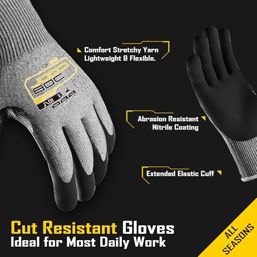 COOLJOB ANSI A5 Cut Resistant Gloves - 1/3/12 Pairs, Nitrile Rubber Dipped Safety Work Gloves for Men, Knife Proof with Grip Coating for Construction Warehouse Glass Wood Work, Grey Xlarge
