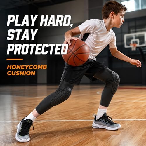 AceList Kids Knee Pads for Youth Ages 4-15, Honeycomb Padded Knee Sleeves for Basketball Baseball Football Volleyball Wrestling Cycling, Anti-Slip Stay-Up Protective Gear, 1 Pair (Size S Black)