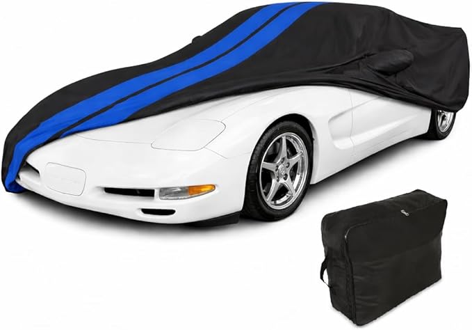 SR1 Performance USA C5 Corvette Car Cover Custom Fit Outdoor/Indoor UV Rain Protection - Ultraguard Plus 300 Denier High End for 1997-2004 C5 Coupe, Convertible, Z06 (Black with Blue Stripes)