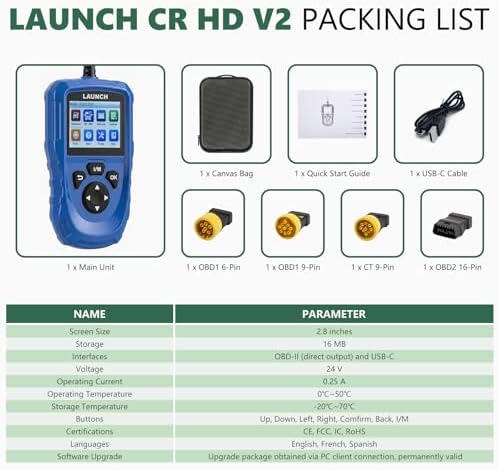 LAUNCH Creader HD V2 Heavy Duty Truck Diagnostic Scanner 2-in-1 HDOBD OBD-II EOBD Code Reader for Freightliner, for Paccar, for International, for Volvo, for Cummins, for Caterpillar HD OBD Scan Tool