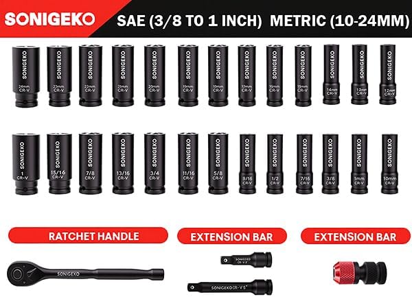30-Piece 1/2" Drive Impact Socket Set - 6 Point Deep SAE & Metric CR-V Steel Sockets with 3", 5"Extension Bar,Ratchet Wrench,and Bit Adapter(1/2" 30 PCS Socket Set,Metric and SAE)