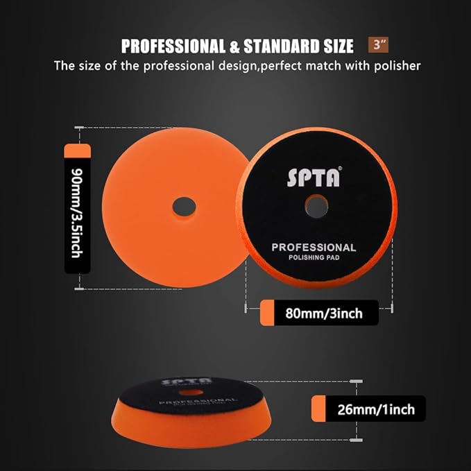 SPTA Orange T40 Orange Medium-Cut Polishing Pads, 1Pc 3.5 Inch Face for 3 Inch 80mm Backing Plate Compound Buffing Sponge Pads for Car Buffer Polisher Compounding, Polishing and Waxing -FPBFS3O