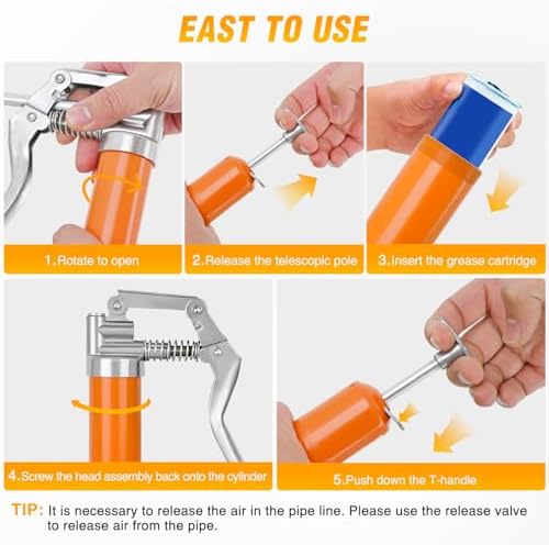 GOOACC Mini Grease Gun 6000 PSI 4oz Grease Gun Kit with 12" Flex Hose Extension Adapter Normal Coupler Rigid Pipe Small Pistol Grip Grease Guns for Automotive Farm Industrial Marine Equipment, Orange