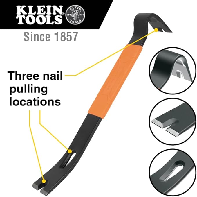 Klein Tools 66094 Pry Bar, Flat Heavy Duty, Crowbar Nail Puller, Forged Carbon Steel, Curved Claw, For Prying, Scraping, Lifting, Pulling, 15-Inch