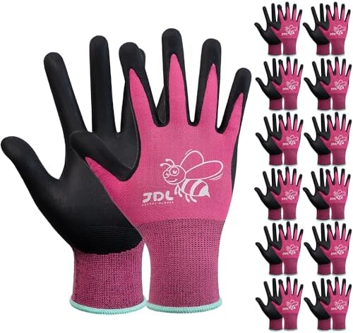 JDL 12 Pairs Nylon Nitrile Coated Gardening Gloves for Women, Touchscreen Yard Garden Gloves, Breathable Safety Work Gloves with Grip, Pink, Large