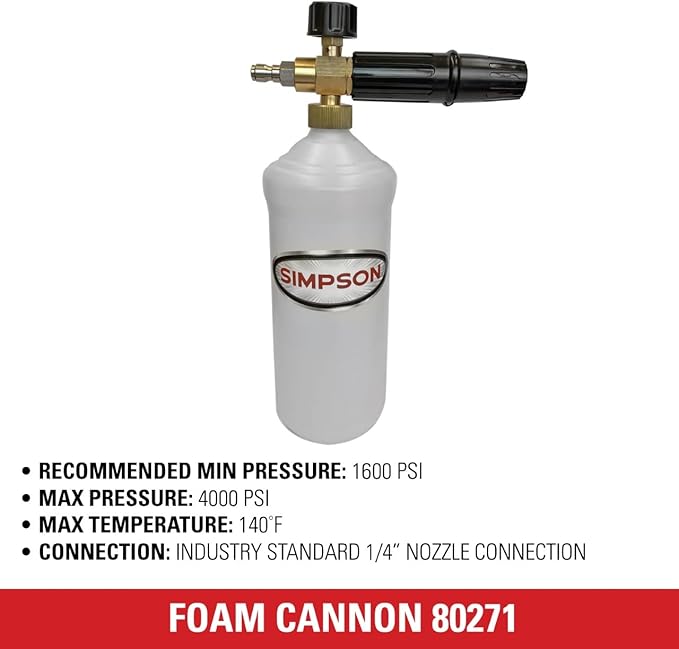 Simpson Cleaning 80271 Pressure Washer Foam Cannon with 1/4 Inch Quick Connector, 1 Liter, White