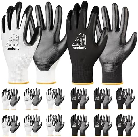 toolant Nitrile Coated Work Gloves, 12 Pairs, White&Black, Small