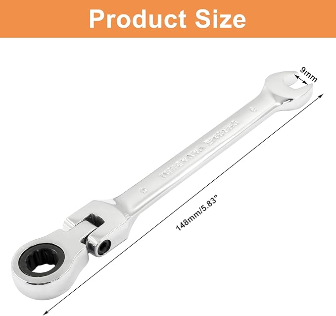 Piutouyar 9mm Flex-Head Ratcheting Wrench, Professional Metric Ratchet Wrench Combination Wrench Box Ended Spanner Tool for Projects Repair(5° Movement and 72 Teeth 12 Point, CR-V)