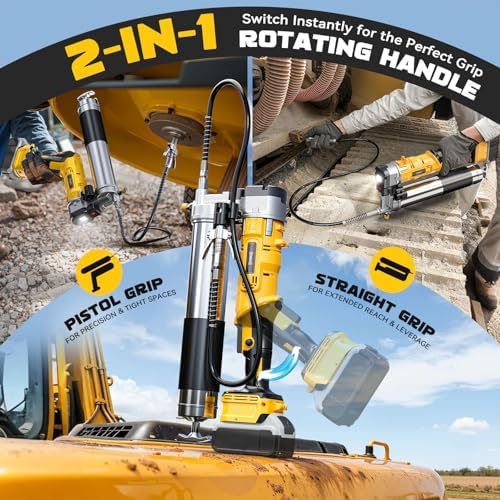 DIYtoolifz Cordless Grease Gun Compatible with DeWalt 20V Battery, 12000PSI High-Pressure with 2-in-1 Rotating Handle, 39.4" Hose & 4 Couplers for Bulk & Cartridge Grease (Tool Only)
