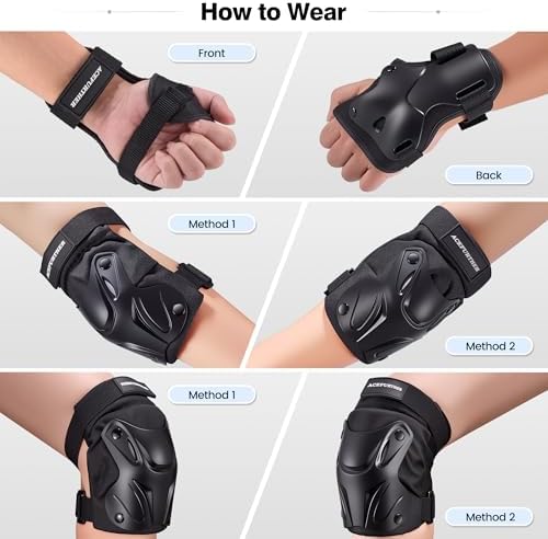 Adult & Kids Knee Pads Elbow Pads Wrist Guards 6 in 1 Protective Gear Set for Skateboarding Roller Skating Cycling Scooter BMX Outdoor Sports Black