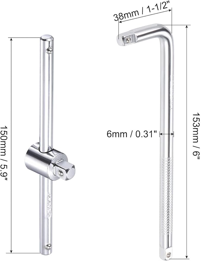 uxcell 1/4" Drive Sliding Wrench Breaker Bar Set T-Handle and L Shape Socket Extension Bar Wrench Hand Tool CR-V 4pcs