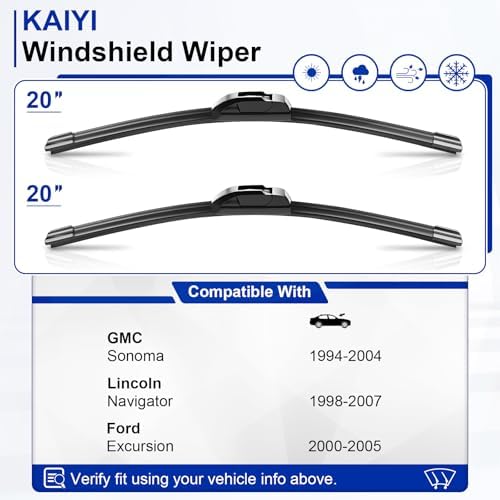 KAIYI 20" + 20" Windshield Wipers Compatible with GMC Sonoma 1994-2004,Lincoln Navigator 1998-2007,Ford Excursion 2000-2005 Premium Automotive Replacement Windshield Wiper Blades 2 Pack