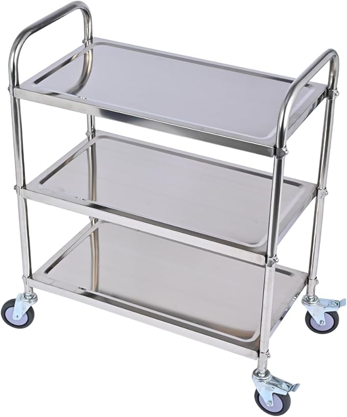 3 Shelf Stainless Steel Cart, 420 lbs, 1MM Thick, Serving With Wheels, Household Service Trolley, 360 Rotation Storage Shelf With Locking Wheels (29.5*15.8*37.4)'' Utility