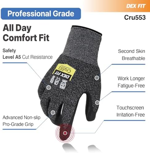 DEX FIT Level 5 Cut Resistant Gloves Cru553, 3D-Comfort Fit, Firm Grip, Thin & Lightweight, Touch-Screen Compatible, Durable, Breathable & Cool, Machine Washable; Black Grey M (8) 3 Pairs