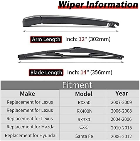 Replacement for 2004-2009 Lexus RX350 RX330 RX400h, Rear Windshield Back Wiper Arm blade Set - OTUAYAUTO Factory OEM Replacement 8524148050