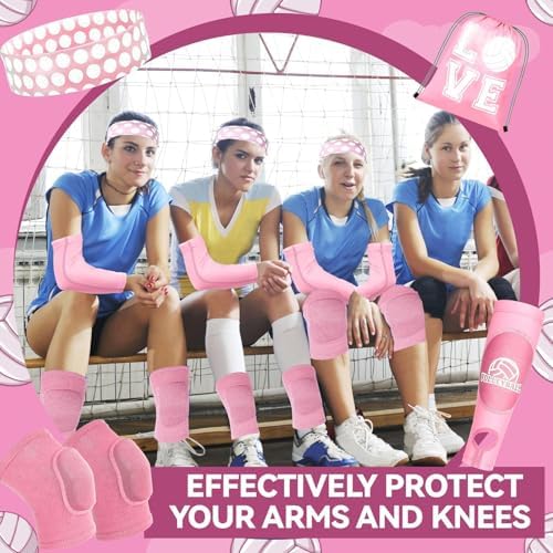 6 Pcs Volleyball Knee Pad and Arm Sleeve Volleyball Accessories Kit Youth Volleyball Knee Pads Volleyball Arm Sleeves Protection Volleyball Headband Drawstring Bag for Women Men Adult