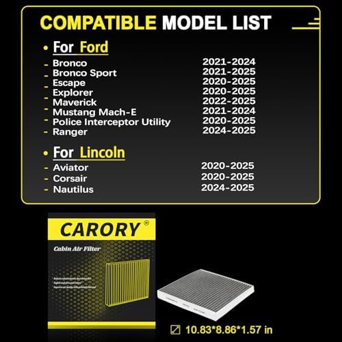CARORY Cabin Air Filter w/Activated Carbon for Ford Bronco Sport 2021–2024, Escape 2020–2025, Explorer 2020–2025, Mustang Mach-E 2021–2024, Lincoln Aviator 2020–2025, Corsair 2020–2025 and More, CF772