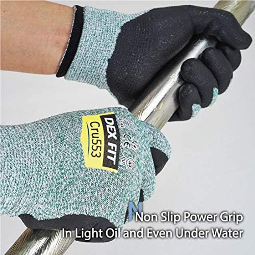 DEX FIT Level 5 Cut Resistant Gloves Cru553 Anti-Static, 3D Comfort Fit A5 Safety Work Gloves with Grip, Thin Touchscreen Gloves for Warehouse, Package Handling, Green, S, 1 Pair