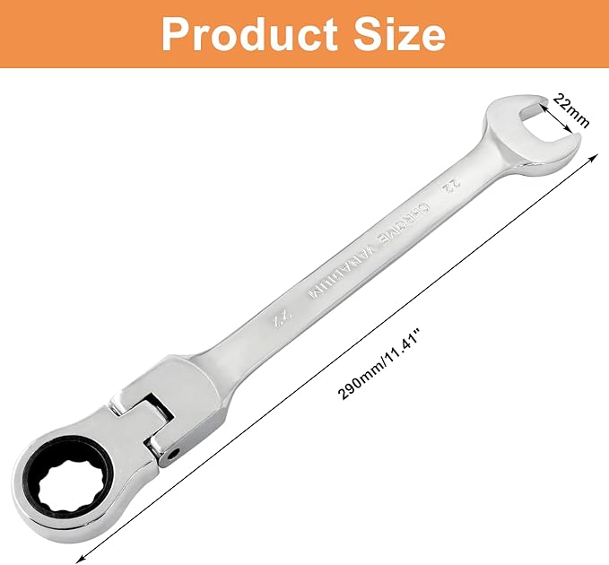 Piutouyar 22mm Flex-Head Ratcheting Wrench, Professional Metric Ratchet Wrench Combination Wrench Box Ended Spanner Tool for Projects Repair(5° Movement and 72 Teeth 12 Point, CR-V)