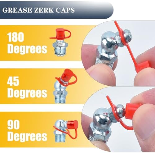 1/4"-28 SAE Grease Fittings - 82PCS Zerk Fittings Kit with Caps and Wrench Straight 45 90 Degree Angled Grease Nipples