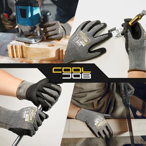 COOLJOB ANSI A7 Cut Resistant Gloves - 1/3/12 Pairs, Nitrile Rubber Dipped Safety Work Gloves with Reinforced Thumb, Non Slip, Breathable, Touchscreen, for Fishing, Gardening, Grey Large