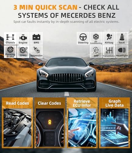 OBD2 Scanner for Mercedes Benz, OM807 Full System Diagnostic Tool with Resets (Oil/ETC/EPB/ABS/SAS/BAT Register...), Full OBDII Functions Read&Erase Fault Codes, Free Software Update