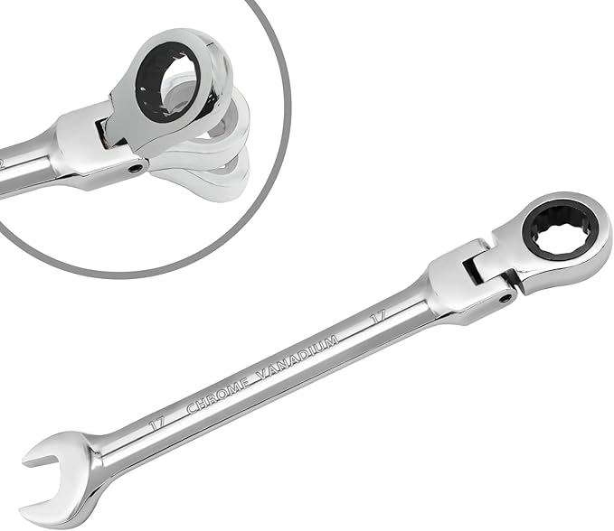 17mm Flex Head Ratchet Wrench, 12 Point Chrome Vanadium Steel Combination Spanner with 72 Tooth Ratcheting Gear, Metric Industrial Grade Tool for Automotive and Mechanical Maintenance