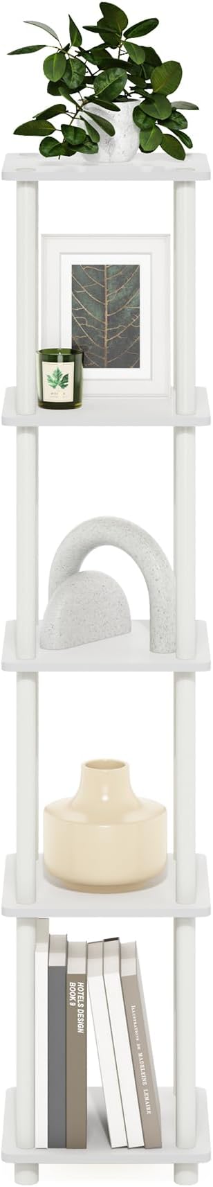 Furinno Turn-N-Tube Storage Shelves, 5-Tier Square Book Shelf, Corner Shelf, Toolless Open Shelves, Round Tubes, for Organization and Storage, Living Room, Garage, Home Office, White