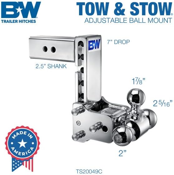 B&W Trailer Hitches Chrome Tow & Stow Adjustable Trailer Hitch Ball Mount - Fits 2.5" Receiver, Tri-Ball (1-7/8" x 2" x 2-5/16"), 7" Drop, 18,000 GTW - TS20049C