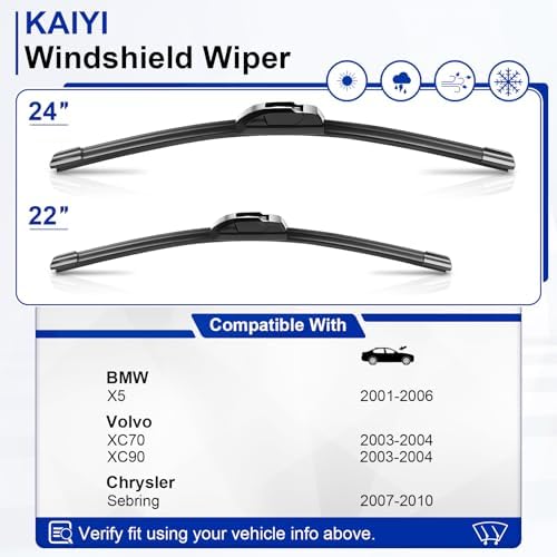 KAIYI 24" + 22" Windshield Wipers Compatible with BMW X5 2001-2006,Volvo XC70/XC90 2003-2004,Chrysler Sebring 2007-2010 Premium Automotive Replacement Windshield Wiper Blades 2 Pack