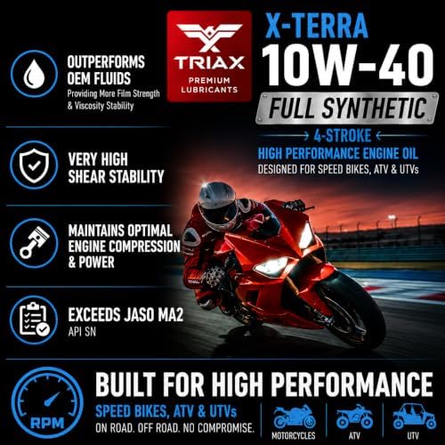 TRIAX XTerra 4T 10W-40 Full Synthetic 4 Stroke Engine Oil | For Motorcycles, ATVs, Quads & Snowmobiles | Exceeds JASO MA2 & API SL/SM/SN | True All Season | Race Ready (4 Gallon Pack)