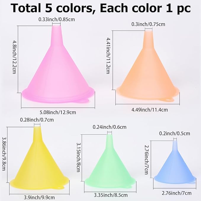 Kitchen Funnel Set with 5 Sizes Small to Large Plastic Cooking Funnel with Narrow Spout for Filling Bottles Transferring Liquid Dry Ingredients Cosmetic Lotion Essential Oils