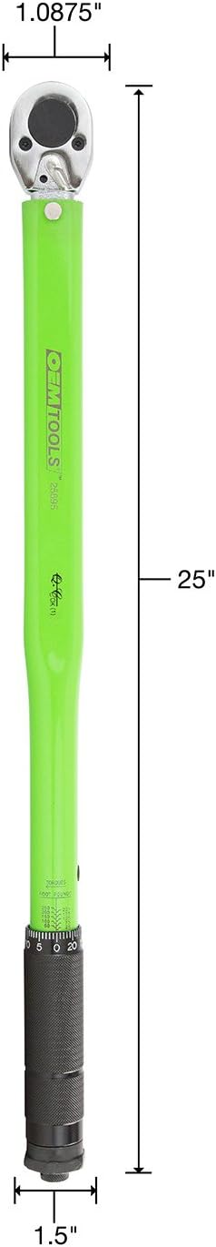 OEMTOOLS 25695 1/2" Drive Click Type Torque Wrench (25-250 Ft/Lb. or 33.9-338.9 Nm), Green, Steel, Reversible Ratchet Head, Tube Storage Case Included