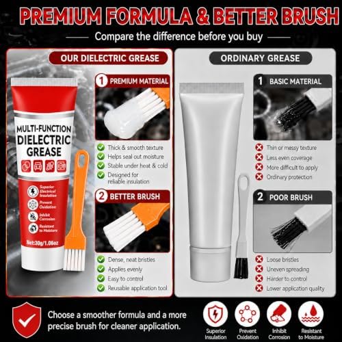 Dielectric Grease for Electrical Connectors Automotive, Silicone Grease with Brush, Waterproof Heat Resistant for Spark Plugs, Battery Terminals, O-Rings, Marine & Household Use, 1oz